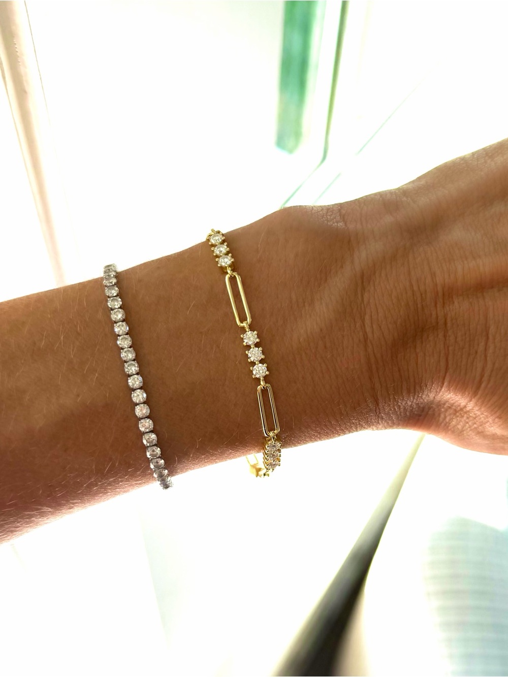 Gold and cz diamond paperclip chain Women's Bracelet (on right)